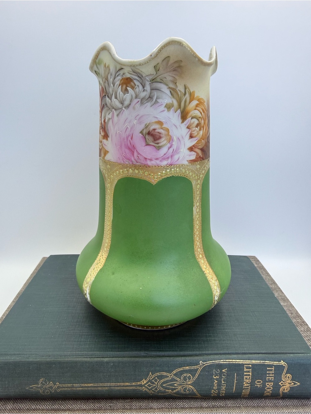 Antique Hand Painted Vase (Nippon?) Floral Design and Gold Trim 8”